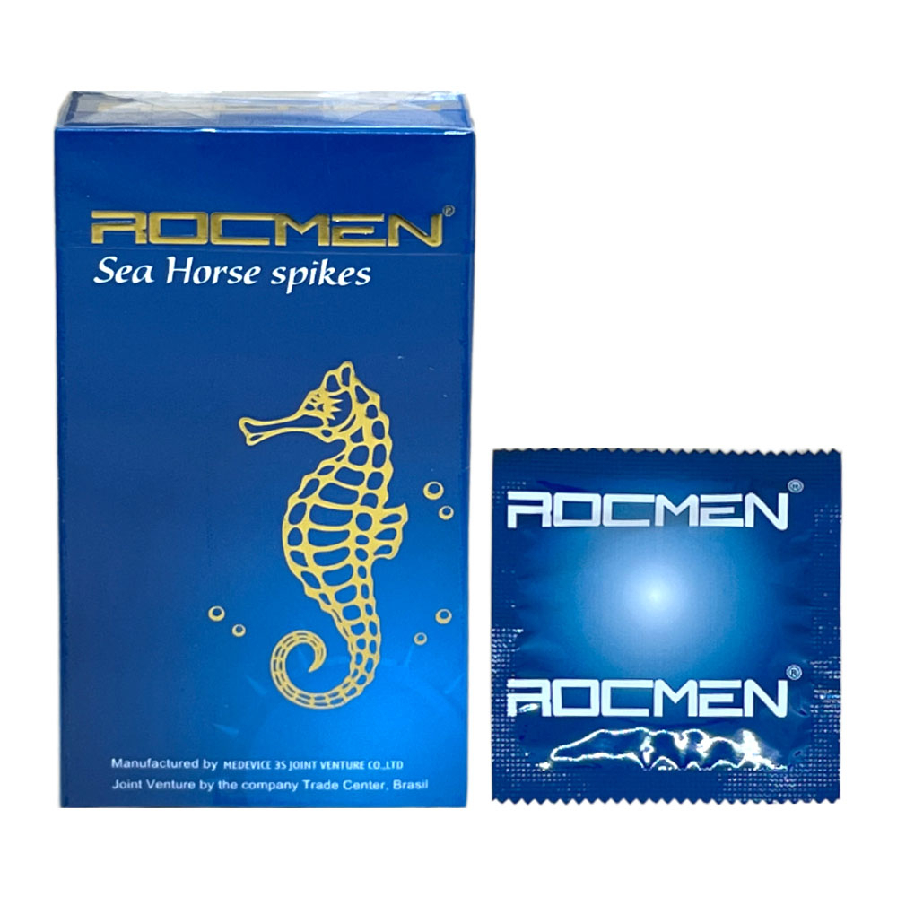 Bao cao su Rocmen Sea Horse Spikes hộp 10 chiếc tăng khoái cảm tinh chất bạc hà tiêu chuẩn Brazil giá rẻ tiết kiệm
