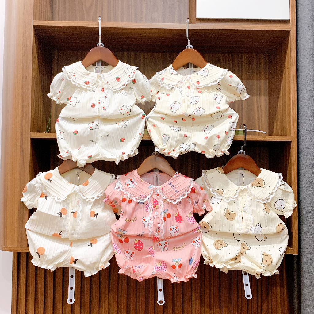 bộ pijama cộc tay cho bé gái cổ sen họa tiết thỏ dễ thương