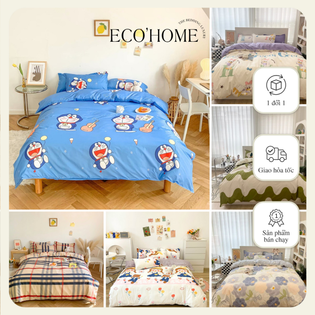 Bộ Chăn Ga Gối 4 Món Cotton Poly 3D EcoHome 2 mặt | Bộ Chăn Ga Gối Poly hàng nhập 2 mặt siêu đẹp nhà EcoHome