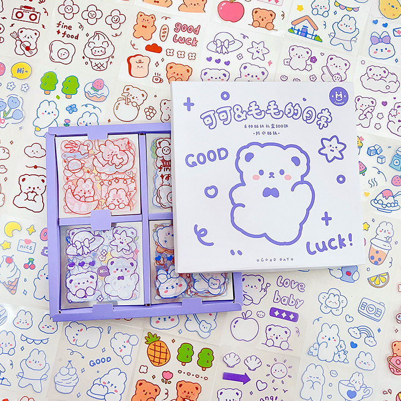 Sticker cute hộp 100 tấm, hình dán sổ tay trang trí abum họa tiết gấu trắng dễ thương