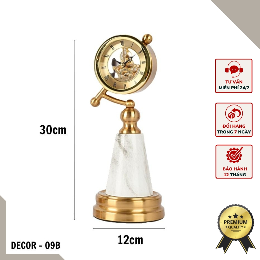 Đồng hồ trang trí để bàn tân cổ điển đế đá cẩm thạch cao cấp DECOR – 09B