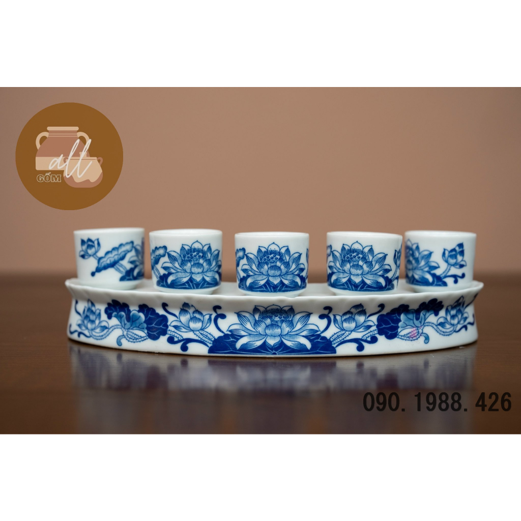 Bộ kỉ/kỷ cong sen 3 chén 5 chén men trắng phong thủy bày bàn thờ cúng gia tiên sứ Bát Tràng