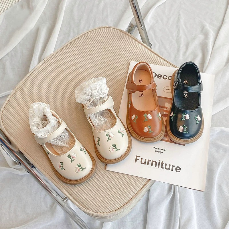 Giày búp bê thêu hoa Miababy da mềm, giày công chúa phong cách retro siêu xinh cho bé