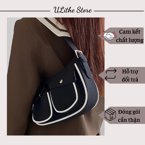 Túi xách nữ đeo vai đeo chéo màu đen viền trắng độc lạ nhiều ngăn cá tính retro phong cách thanh lịch hàn quốc