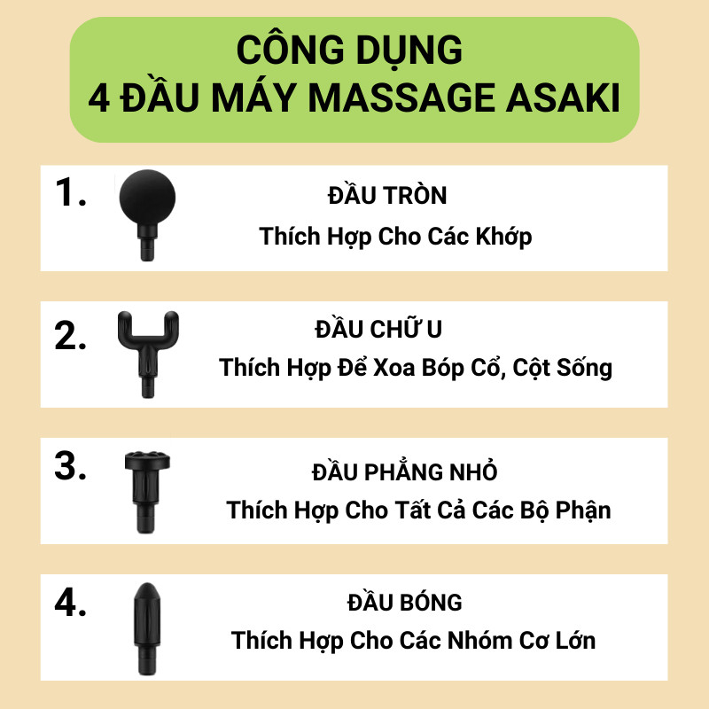 Súng Massage Cầm Tay ASAKI 4 Đầu 6 Chế Độ Máy Đấm Lưng Mát Xa Giảm Nhức Mỏi Cổ Vai Gáy