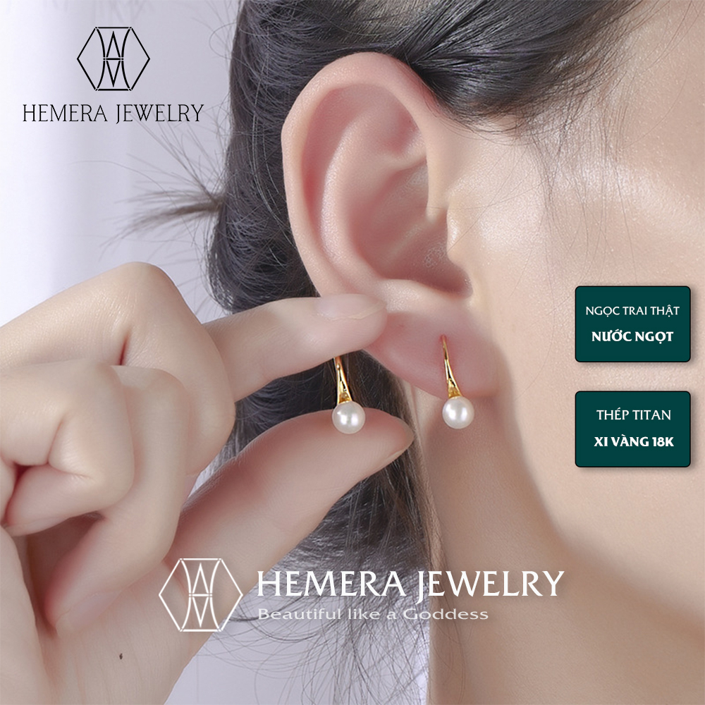 Khuyên tai nữ Hemera hạt trai nuôi nước ngọt chuôi thép xi vàng giữ màu HMR50