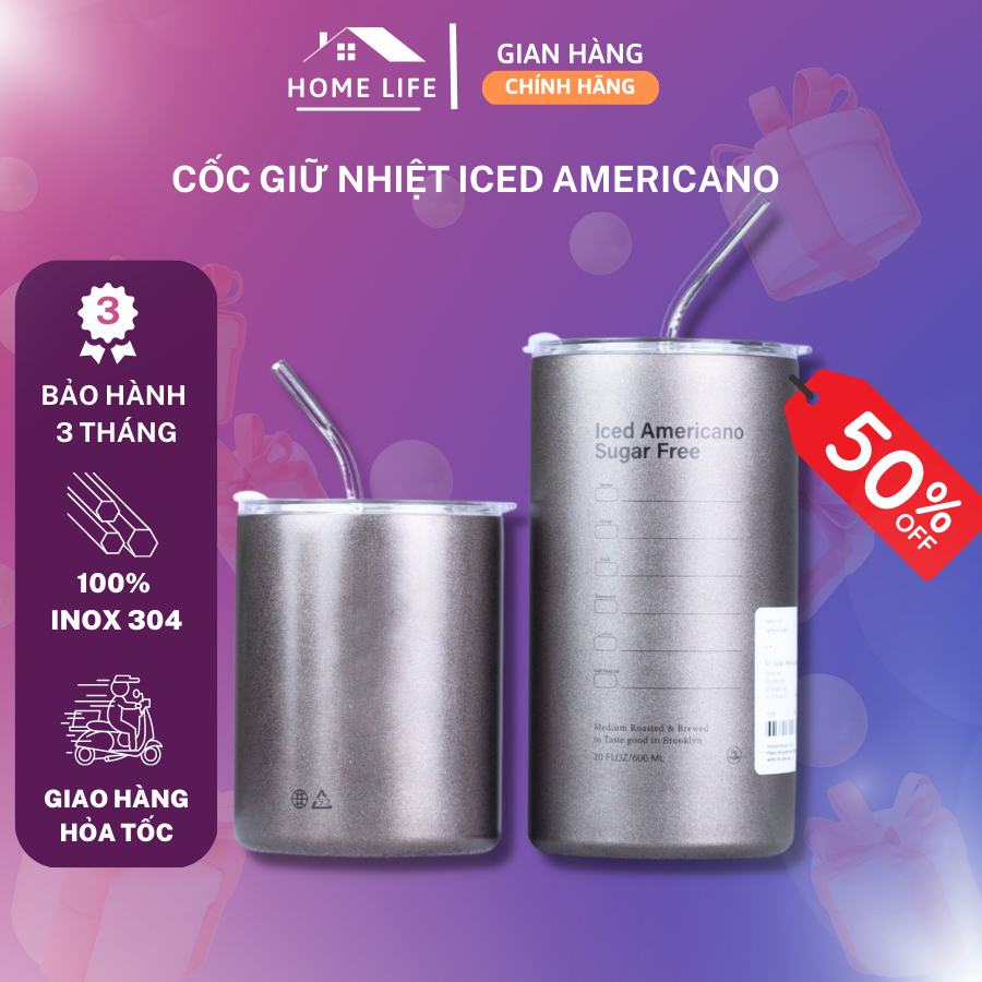 Cốc Giữ Nhiệt Iced Americano Có Ống Hút Dung Tích 600ml/ 360ml, Bình Giữ Nhiệt Inox 304 Cao Cấp, Ly Giữ Nhiệt 6-8 Tiếng