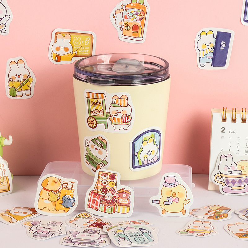 Sticker Hộp 45 Tấm Hình Gấu Thỏ Pastel Siêu xinh, Hộp Sticker Nhỏ Trang Trí Siêu Xinh Xắn