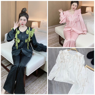 Set bộ tiểu thư tay dài phối nơ, lụa xước quảng châu