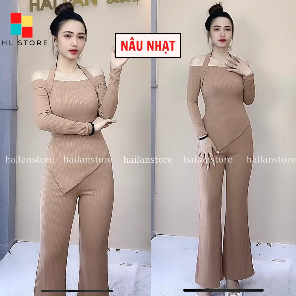 S13 Set bộ áo tay dài dây choàng cổ Hải Lan Store quần ống loe chất len sọc 2 Size S, M