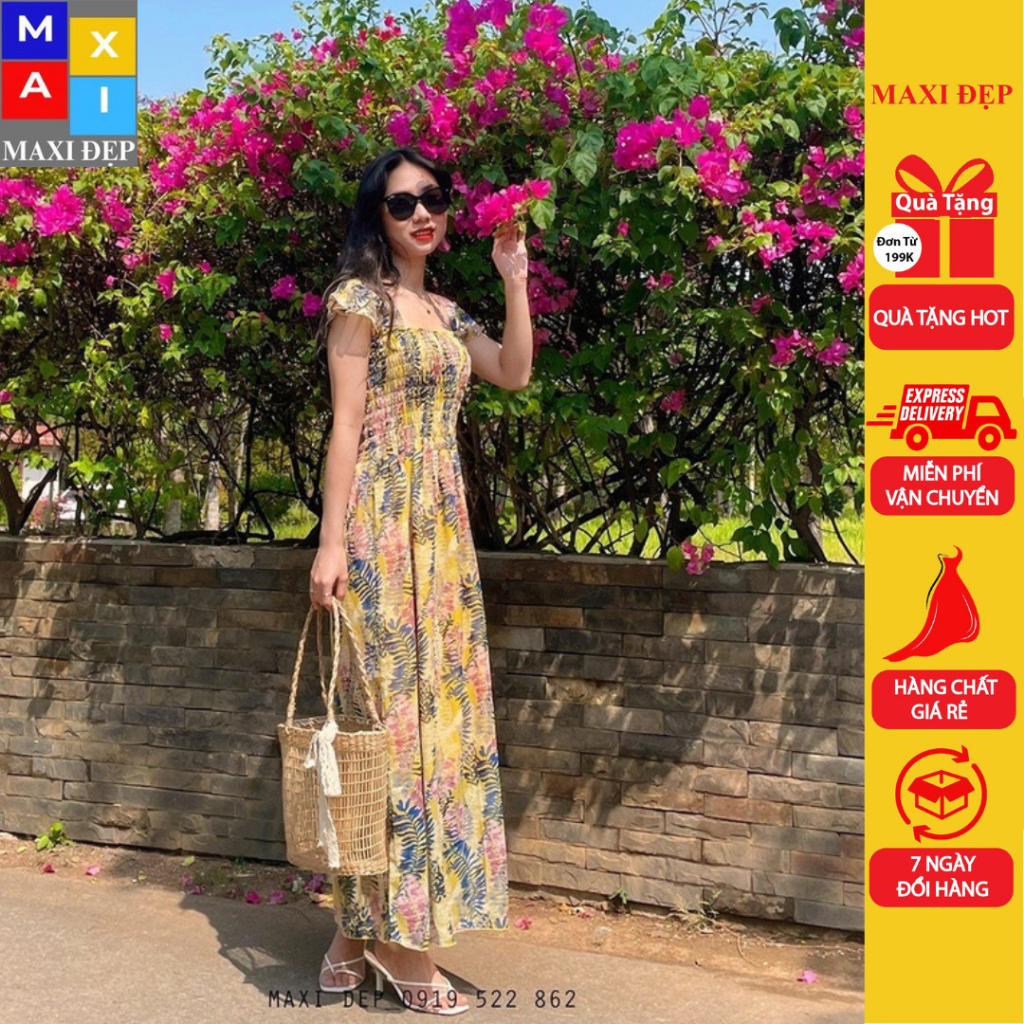 Đầm Cánh Tiên Maxi Đẹp Dài Freesize Lá Vàng Tươi Xinh Dạo Biển