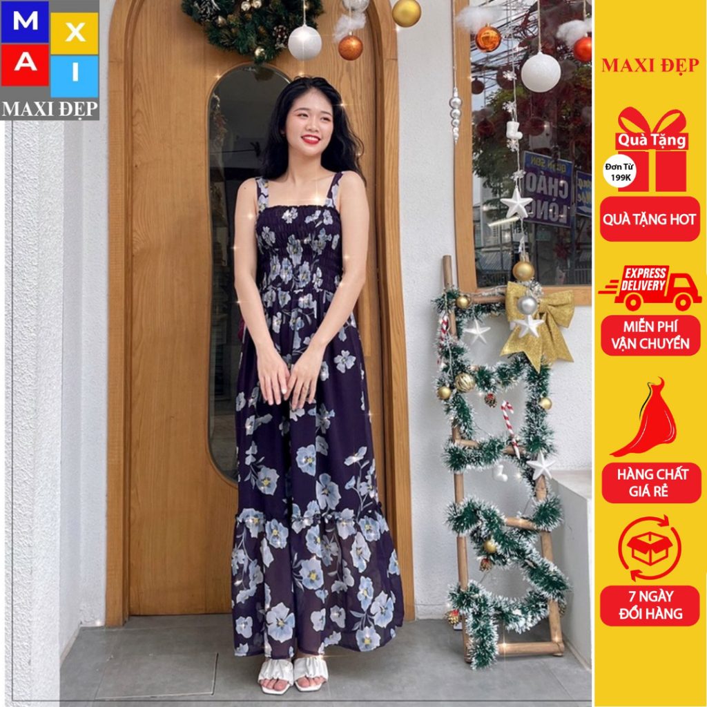 Đầm Maxi 2 Dây Freesize Hoa Trắng Nhã Bo Chun Co Giãn Dài Thướt Tha