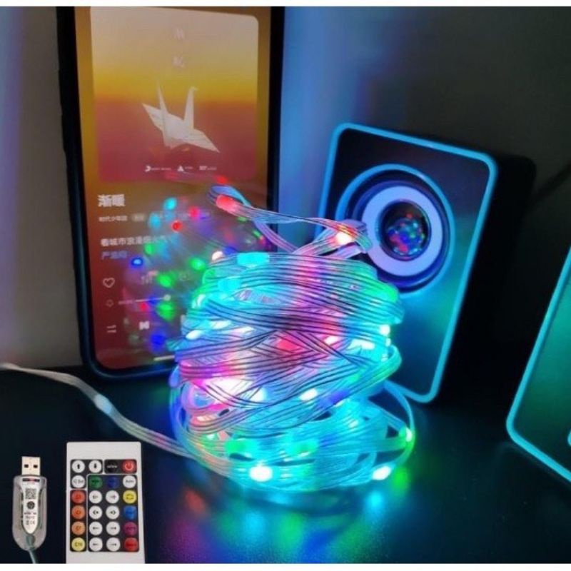 Cuộn Dây đèn đuổi 10m đổi màu RGB 5V nháy theo nhạc, âm thanh bên ngoài chống nước chỉnh App điện thoại