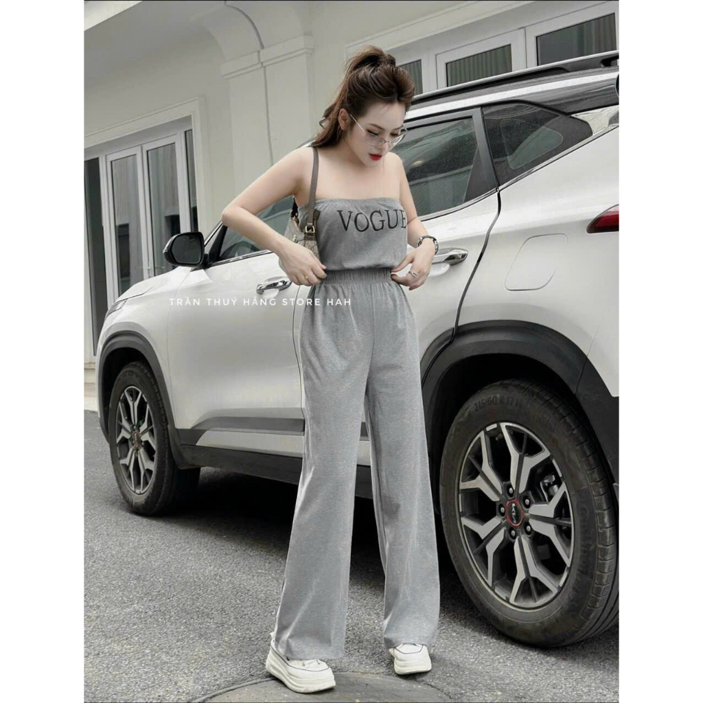 Jumsuiit áo ống cúp in ngực in chữ quần dài ống rộng, jum chất thun dẻo áo ống quần suông dài 2 màu xám đen cá tính mtb