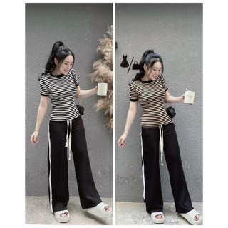 Set đồ bộ nữ áo body kẻ sọc chạy viền mix quần ống đửng kẻ sọc trắng đơn giản thời trang nữ