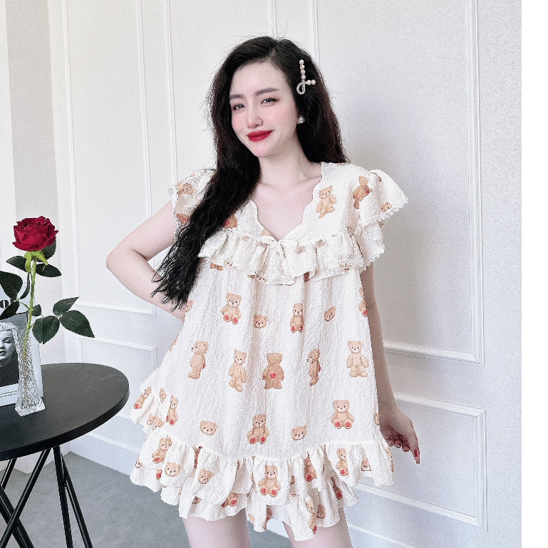 Bigsize Đồ Mặc Nhà Nữ SOJUN Bộ Đũi Xốp Gợn Phối Ren Size 50-70kg