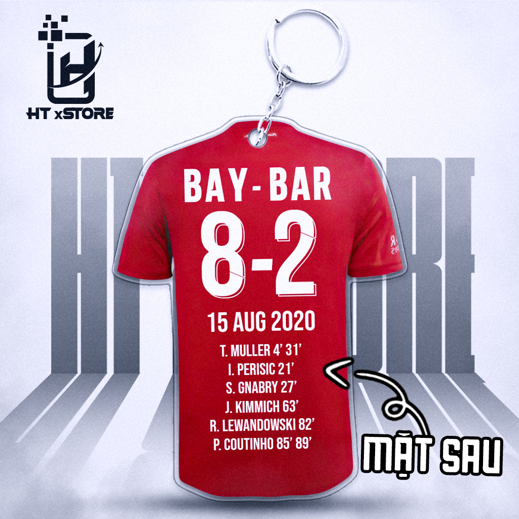 Móc khóa áo bóng đá CLB Bayern Munich in tỉ số chiến thắng 8-2 trước Barcelona, móc khóa tỉ số cho fan bóng đá