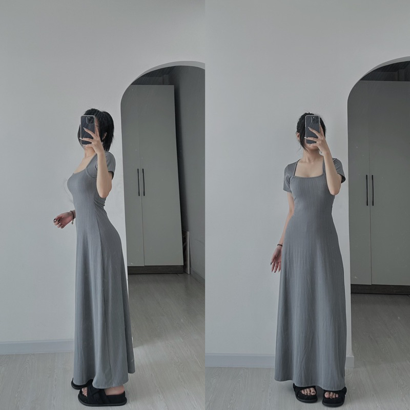 VÁY BODY CỔ U DÁNG XOÈ VẢI GÂN TRUNG