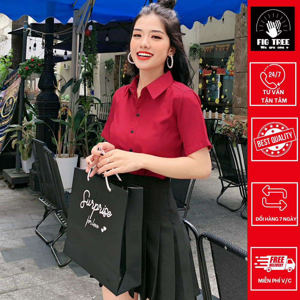 Áo sơ mi nữ ngắn tay màu đỏ FIG TREE cực COOL( full size + kèm cần cảnh)