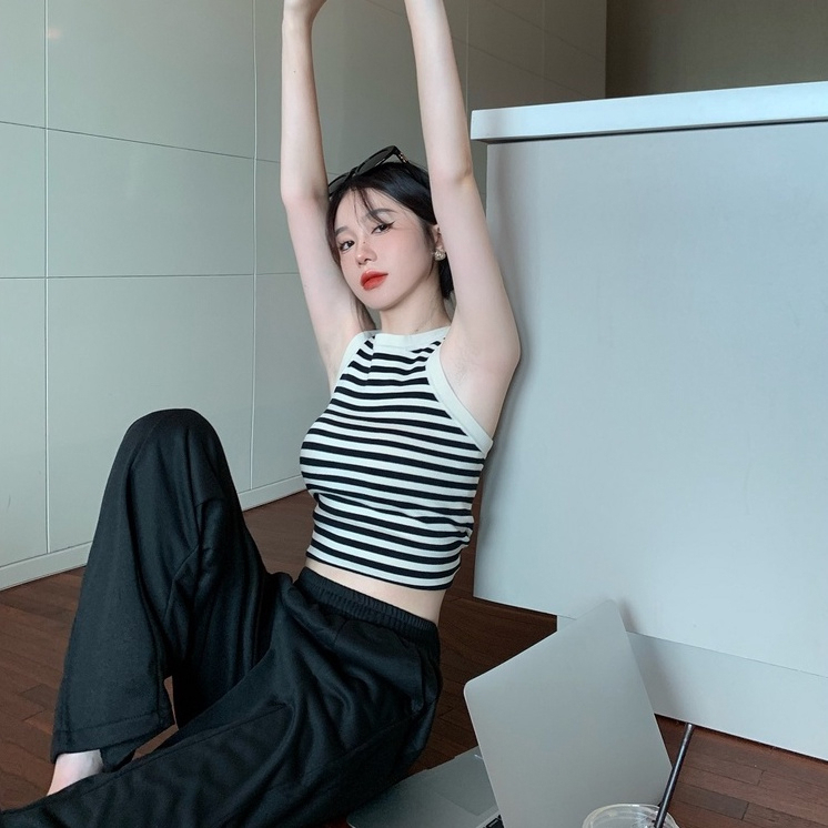 Áo Ba Lỗ Croptop Thun Gân Họa Tiết Kẻ Sọc Ngang Co Giãn