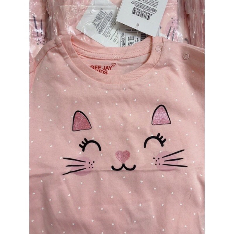 Áo thun cộc tay cotton cho bé gái GJ hình mèo xuất dư xịn