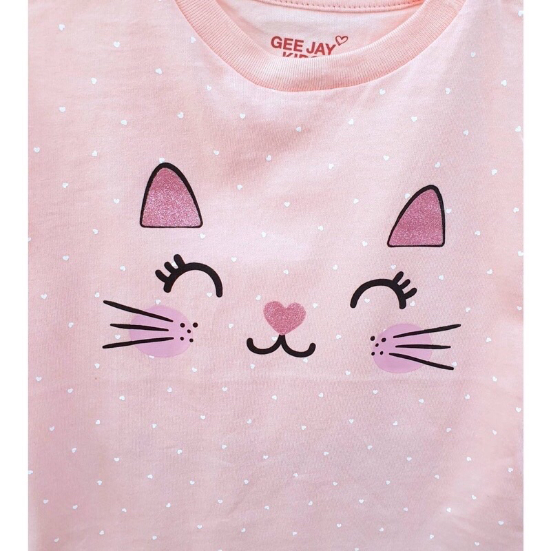 Áo thun cộc tay cotton cho bé gái GJ hình mèo xuất dư xịn
