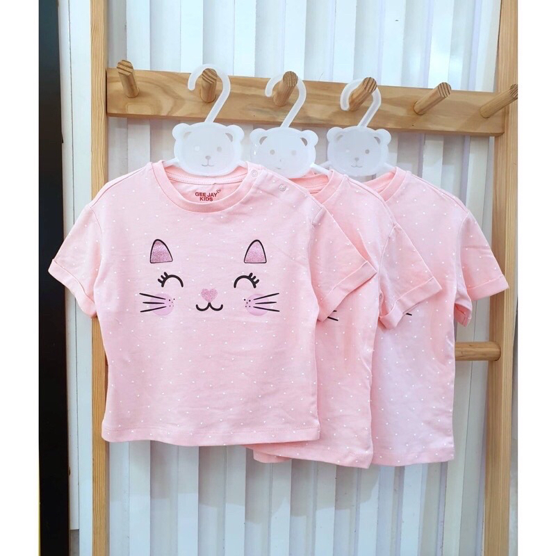 Áo thun cộc tay cotton cho bé gái GJ hình mèo xuất dư xịn