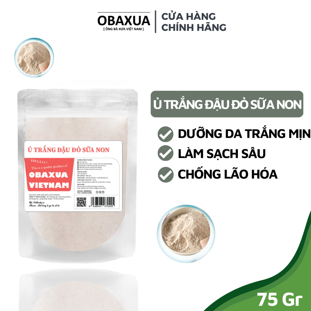 Bột ủ trắng đậu đỏ sữa non Obaxua nguyên chất sạch mịn - Mặt nạ bột giúp dưỡng trắng, cấp ẩm làm sạch sâu cho mặt và bod | BigBuy360 - bigbuy360.vn