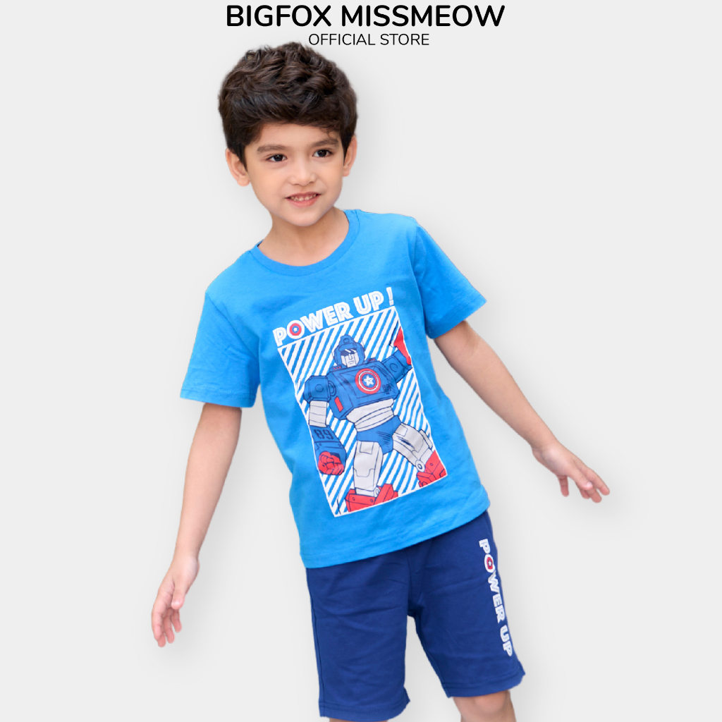Bộ hè bé trai Bigfox Miss Meow size đại, kiểu cộc tay chất cotton xuất Hàn, in robot cho 3,6,9,10,11 tuổi, 30kg 40kg
