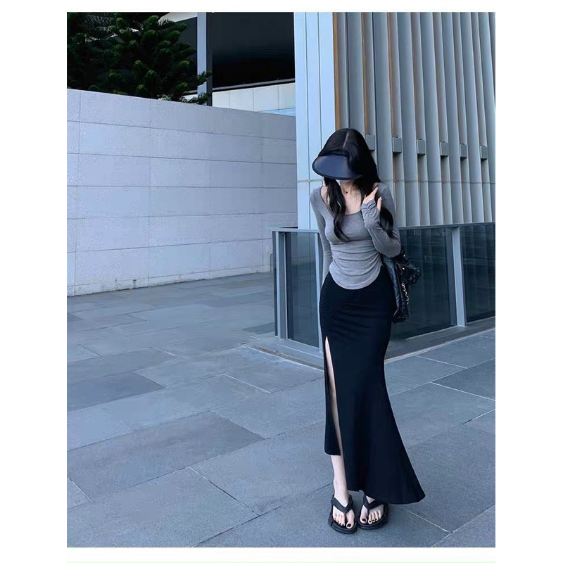 SET CHÂN VÁY ĐEN ĐUÔI CÁ + ÁO XÁM LAI BẦU 🖤🤍