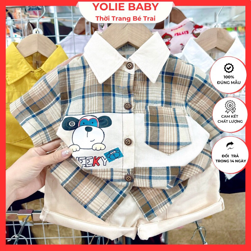 Sét áo sơ mi thêu gấu dễ thương cho bé trai 8kg đến 18kg-Yolie Baby