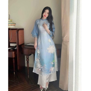 Áo dài ,Áo dài cách tân 4 tà kết thêu hình hoa sen 3D,tay lỡ vải organza cao cấp