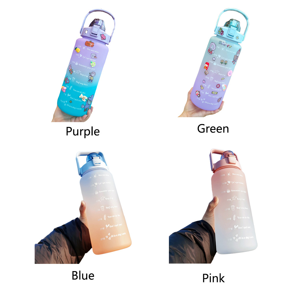 Bình nước 2 lít tặng sticker chia vạch báo giờ uống nước dễ thương thể thao có ống hút