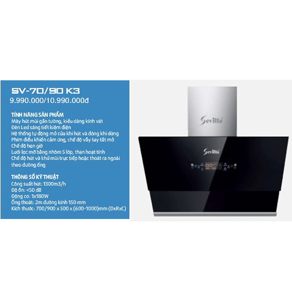 Máy hút mùi Sevilla SV 70K3 / Sevilla 90K3 Điều khiển vẫy tay, Cửa hút mở tự động, Công suất cao, HÀNG CHÍNH HÃNG | BigBuy360 - bigbuy360.vn