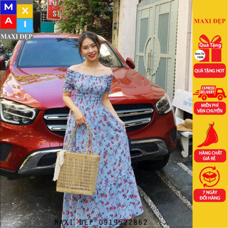 Đầm Maxi Trễ Vai Freesize Hoa Đỏ Nền Xanh Nhã Nhặn ( Kèm Cận Cảnh)