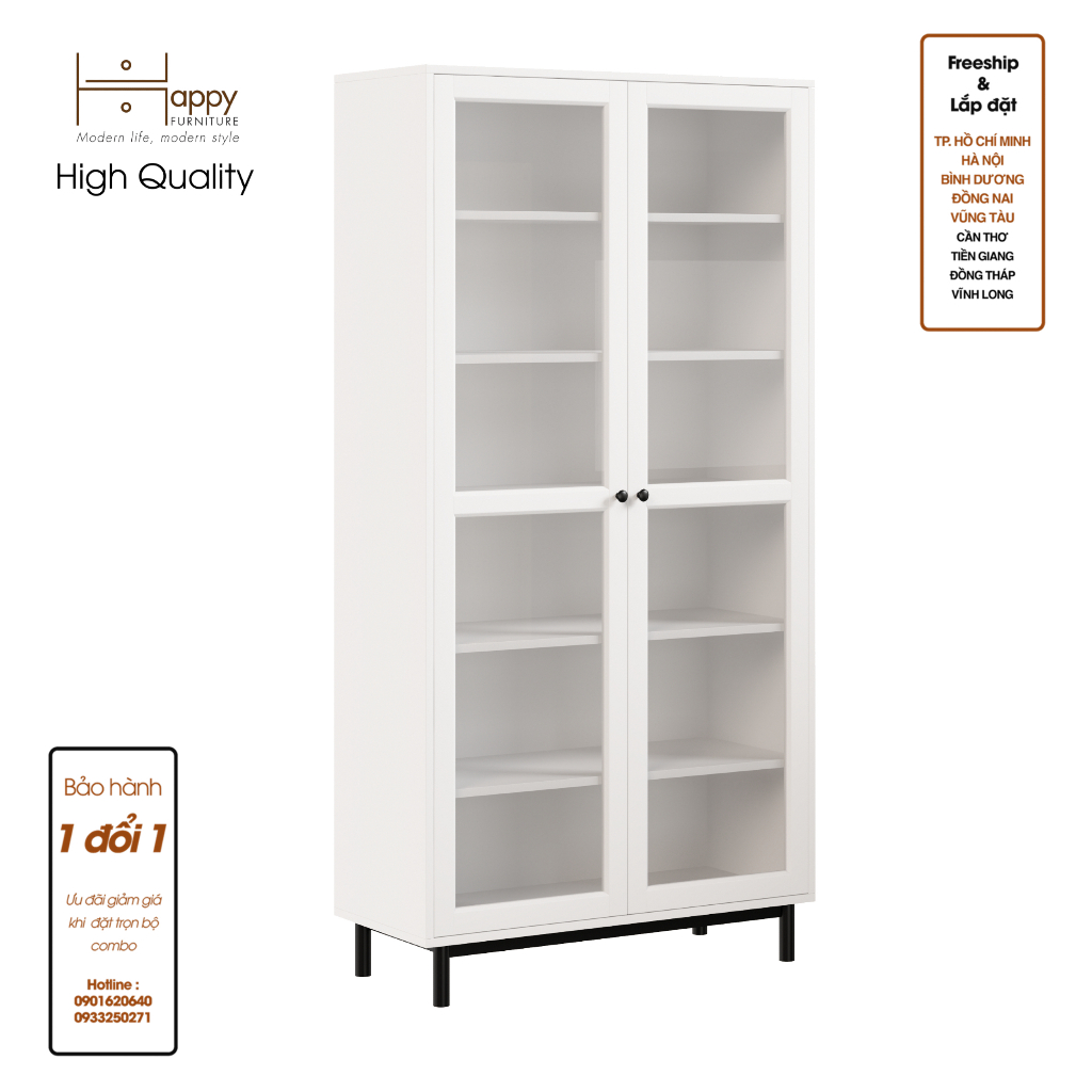 HAPPY FURNITURE , Kệ sách 6 tầng cửa kính chân sắt - CATY , KSA_021 , 90cm x 39cm x 180cm