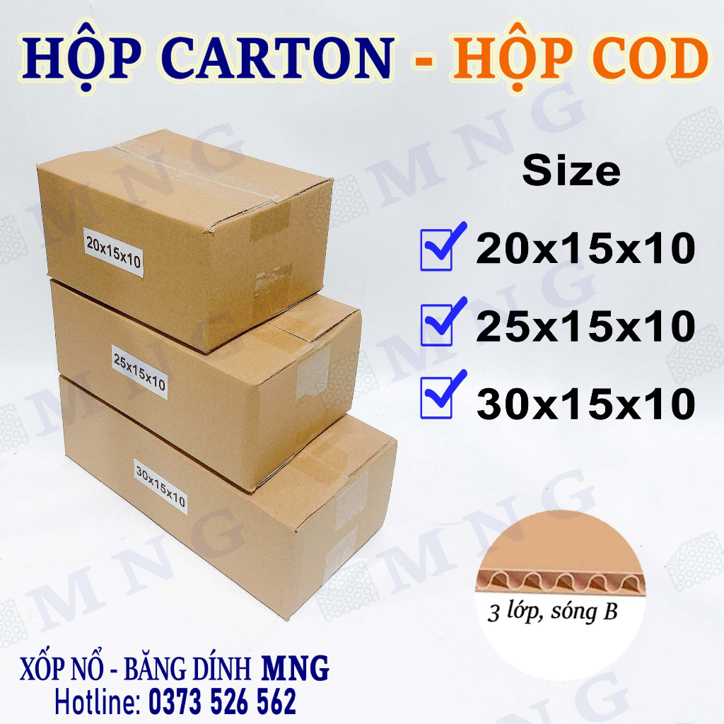 Hộp carton đóng gói hàng size 20x15x10, 25x15x10, 30x15x10
