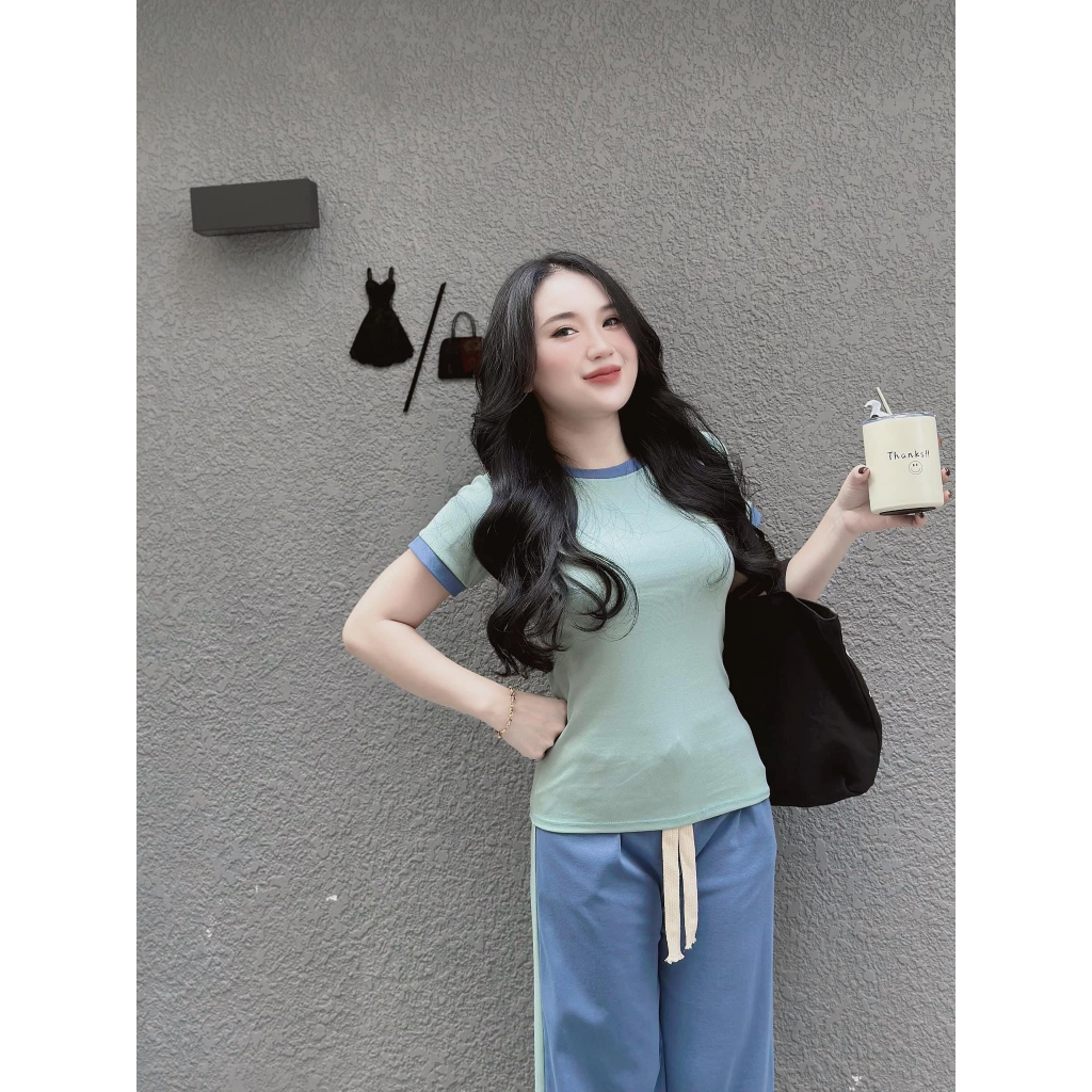 Set bộ thun gân áo ôm body phối quần dài ống rộng viền, set bộ thể thao hottrend phối màu quần có dây đi chơi cá tính