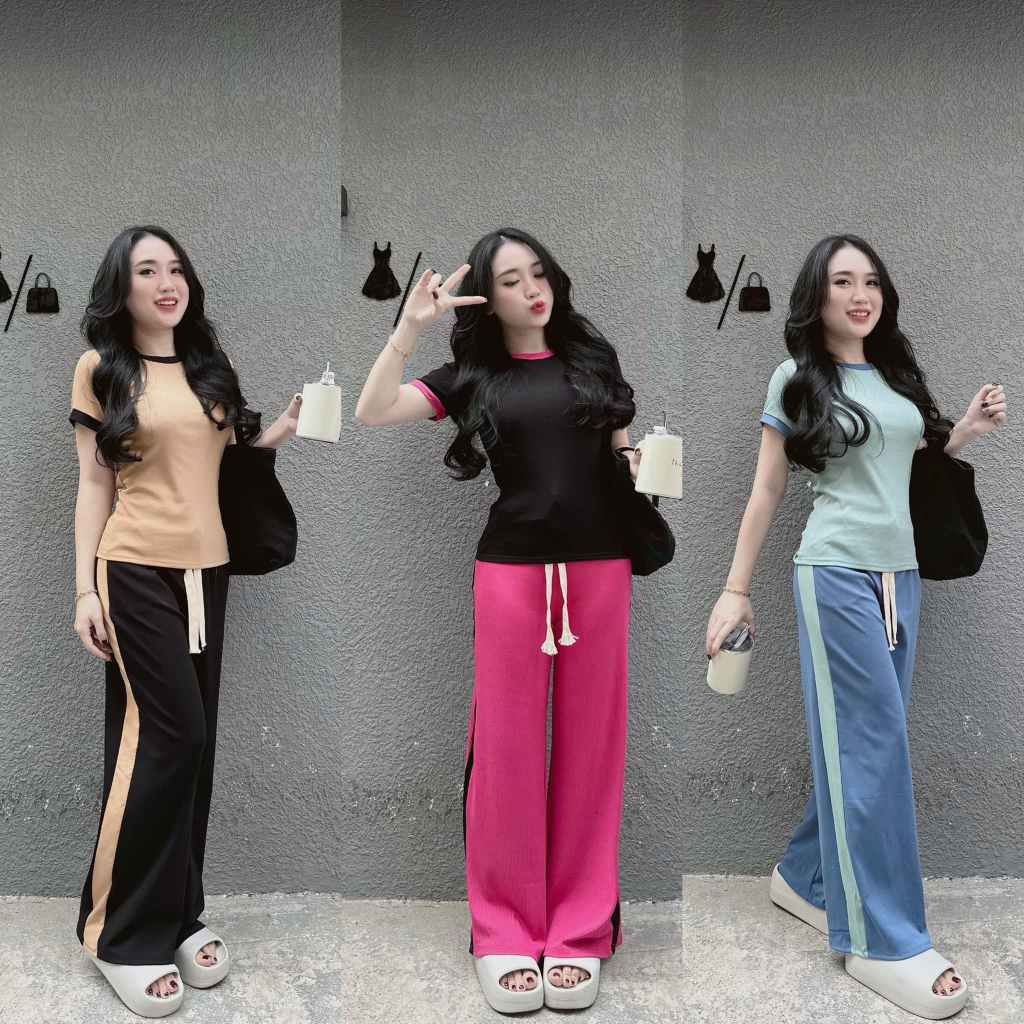Set bộ thun gân áo ôm body phối quần dài ống rộng viền, set bộ thể thao hottrend phối màu quần có dây đi chơi cá tính