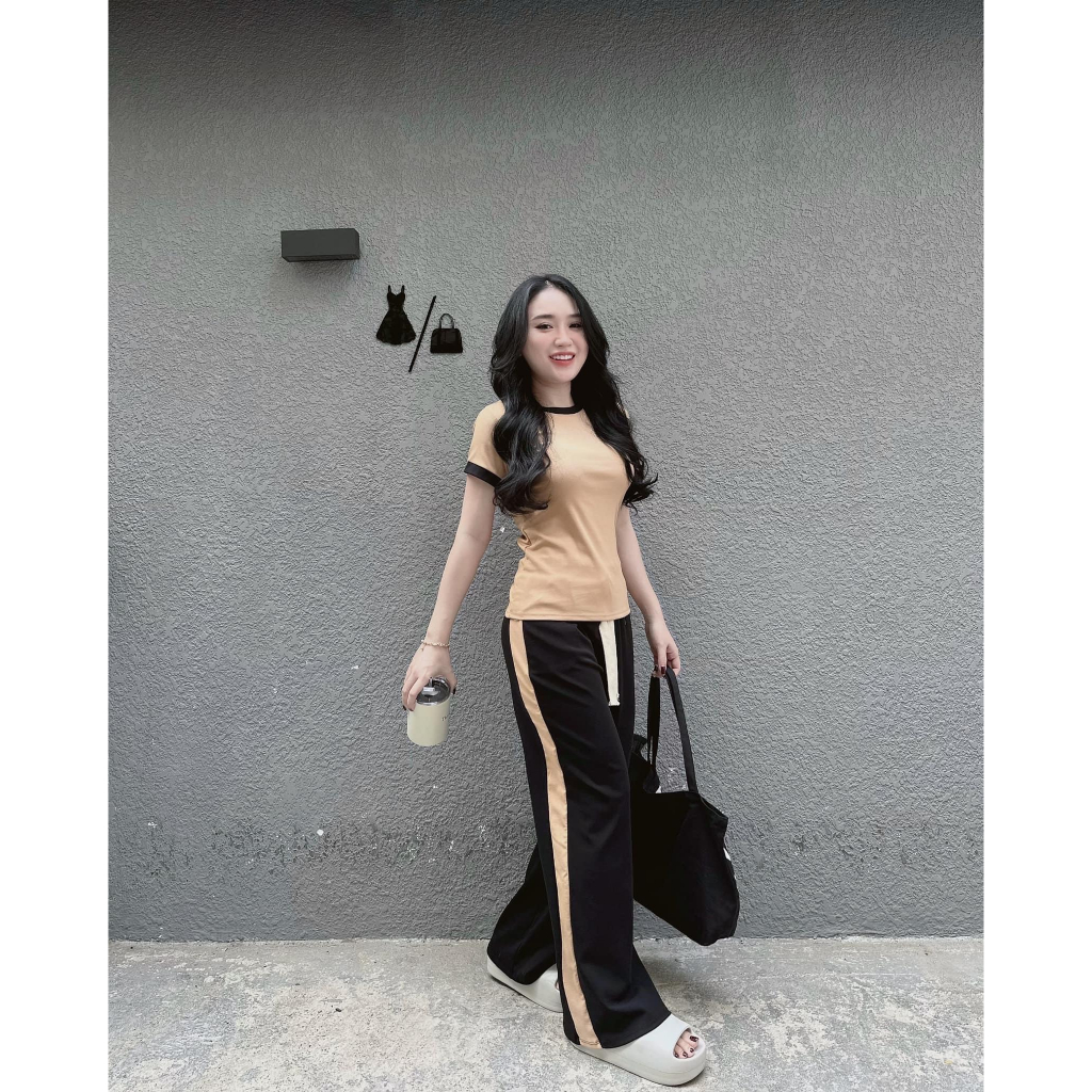 Set bộ thun gân áo ôm body phối quần dài ống rộng viền, set bộ thể thao hottrend phối màu quần có dây đi chơi cá tính