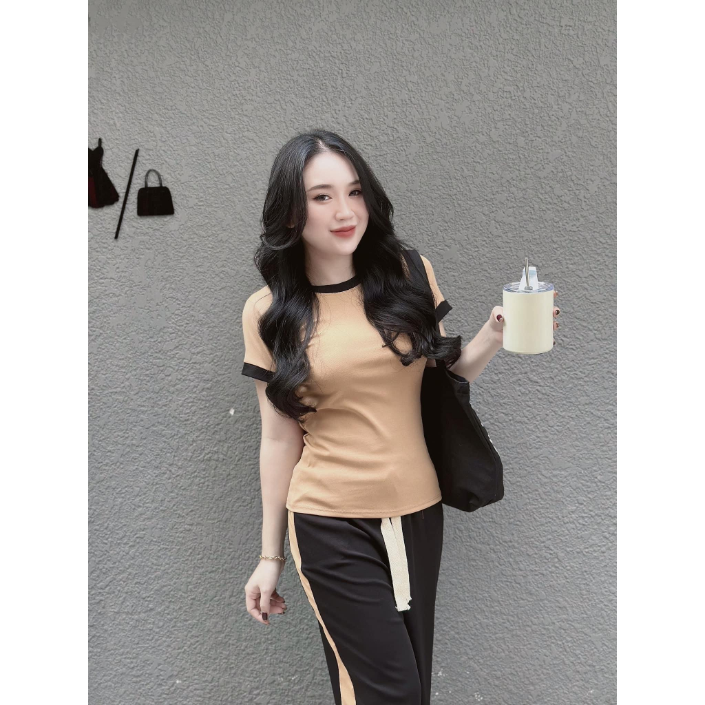 Set bộ thun gân áo ôm body phối quần dài ống rộng viền, set bộ thể thao hottrend phối màu quần có dây đi chơi cá tính