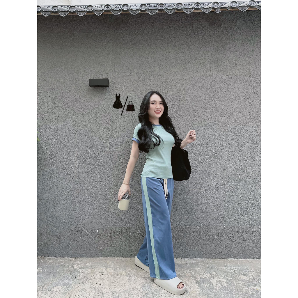 Set bộ thun gân áo ôm body phối quần dài ống rộng viền, set bộ thể thao hottrend phối màu quần có dây đi chơi cá tính