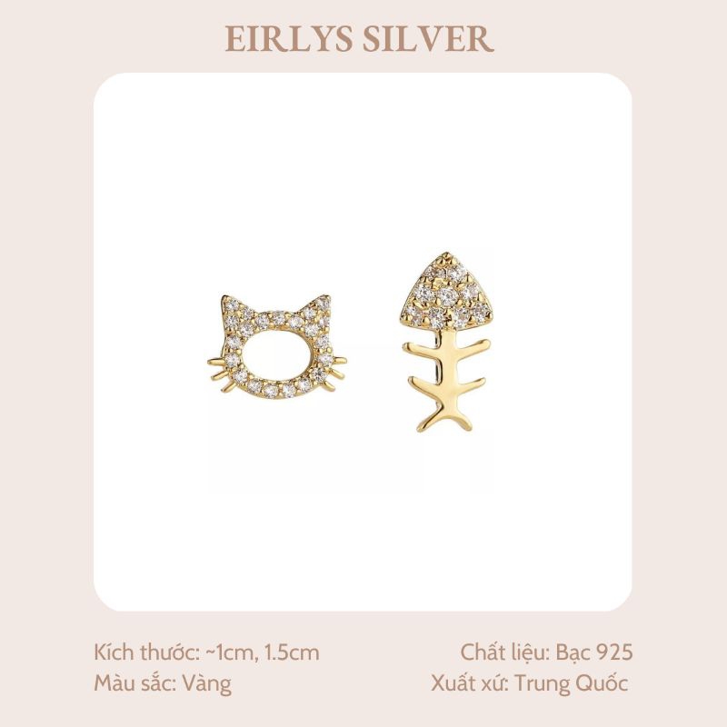 Khuyên tai bạc 925 mạ vàng 24K hình con mèo bất đối xứng EIRLYS KT010