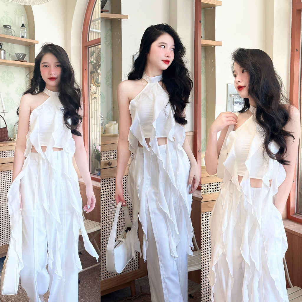 Set 3 món tầng: Áo BBD tầng 2 dây bèo + áo khoác mỏng tay dài + quần short trắng Freesize Hari_Fashion - Mã SR210