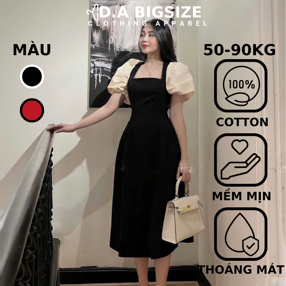 Đầm Nữ Bigsize , Váy Nữ Dự Tiệc Cổ Vuông Tay Phồng Chất Thun Co Gian 4 Chiều Thoải Mái Dành Cho Người Mập 50.90kg