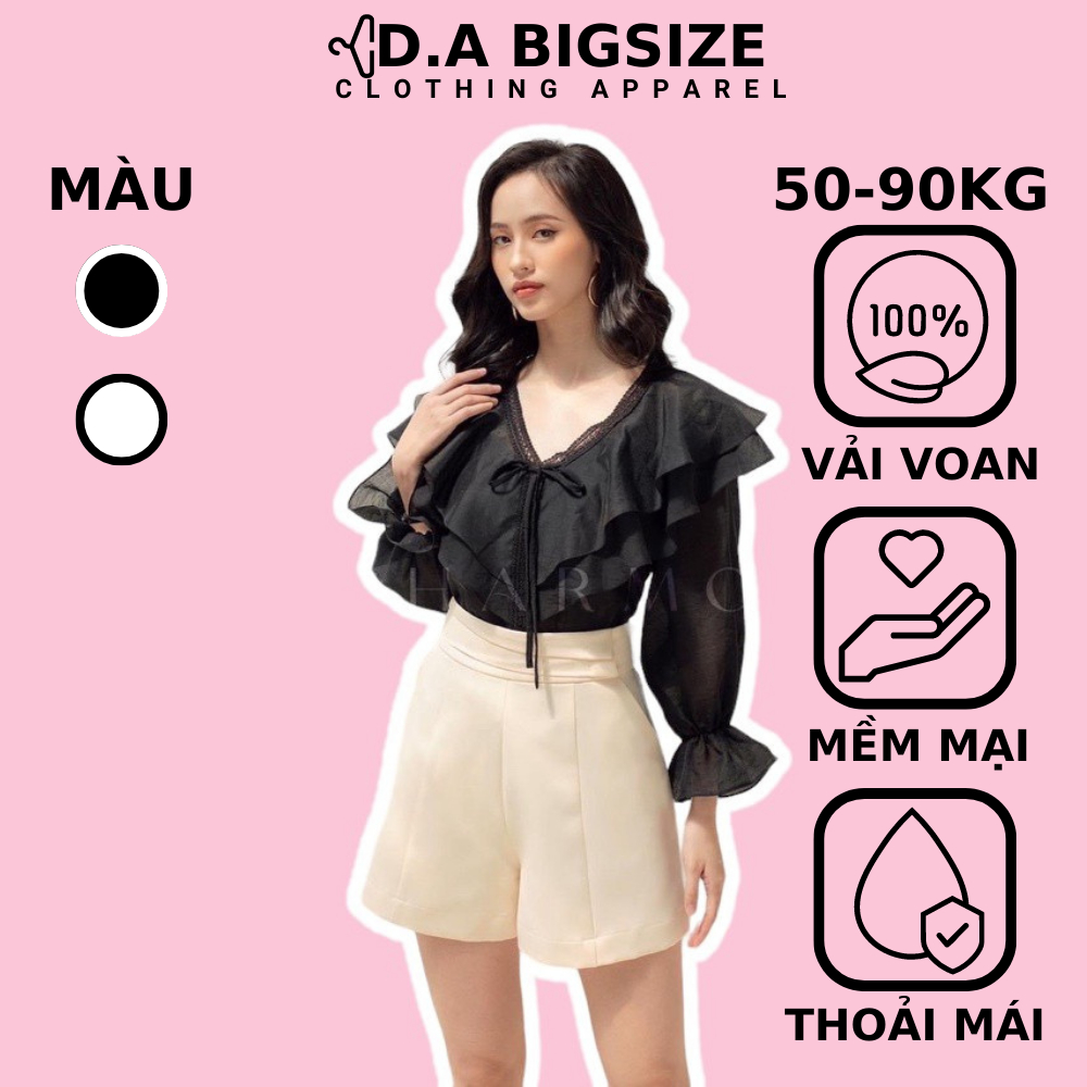Áo Kiểu Nữ Bigsize , Áo Bigsize Cổ Tim 2 Tầng Tay Dài Chất Voan Cao Cấp 2 Lớp Dành Cho Người Mập 50.90kg - DA BIGSIZE