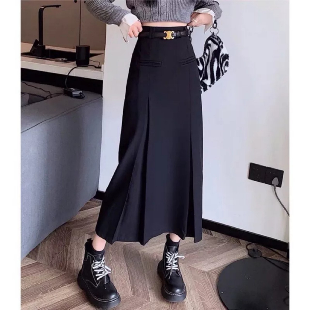 Chân váy dài Y2K Xẻ tà lệch hai tầng ly Dáng bút chì