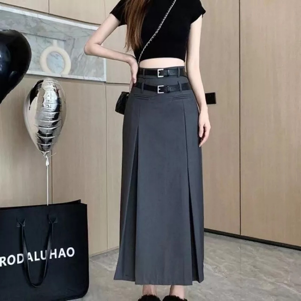 Chân váy dài Y2K Xẻ tà lệch hai tầng ly Dáng bút chì