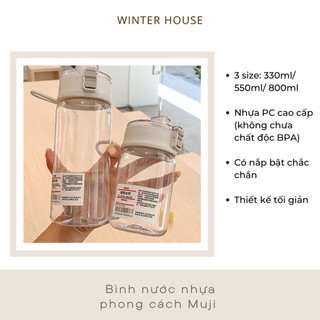 Bình nước nhựa trong suốt phong cách Muji tối giản 330ml/ 550ml/ 800ml, bình nước học sinh, văn phòng