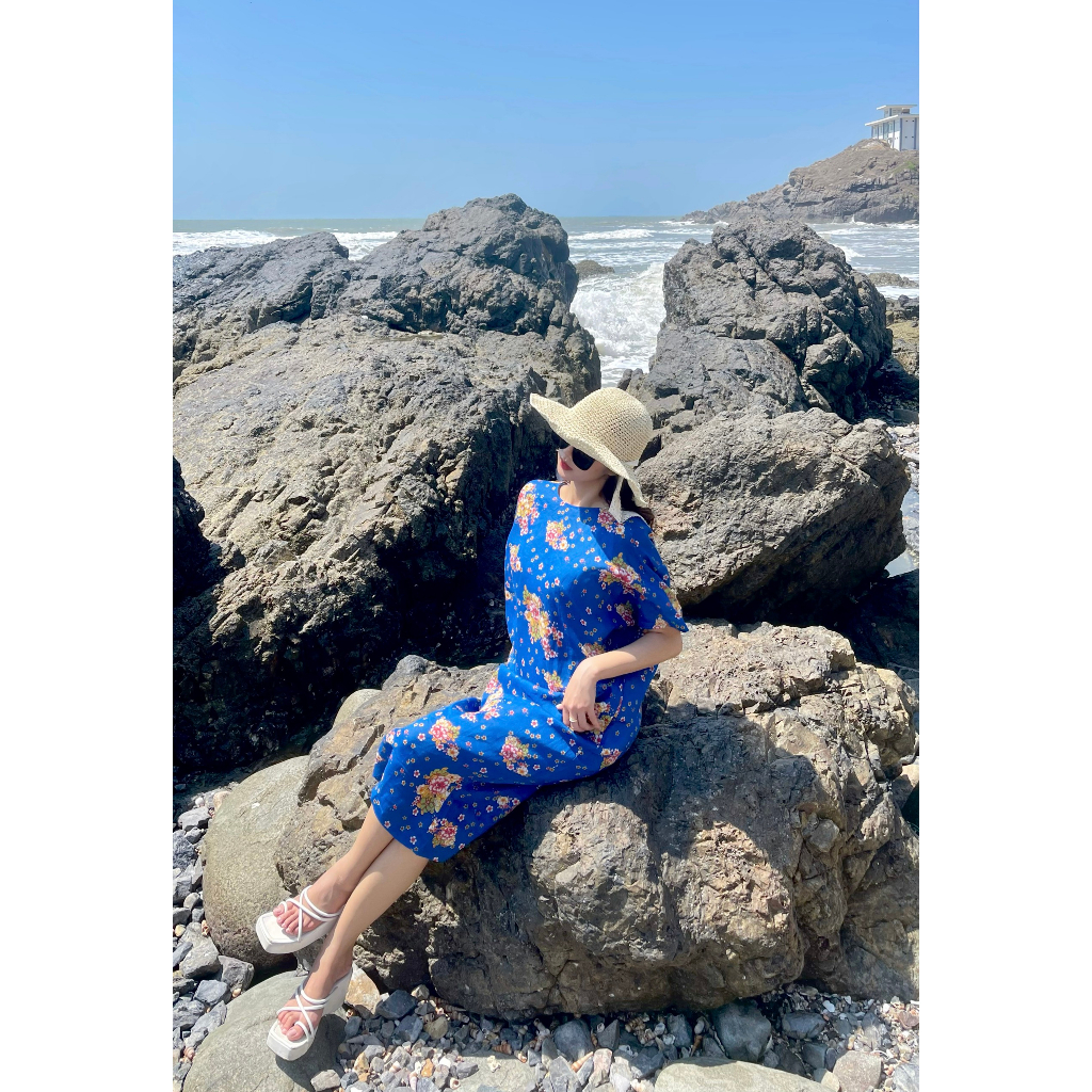 Đầm Evie _ Eugene Linen Xanh hoa